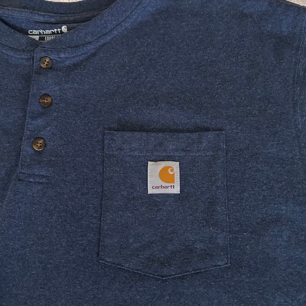 Carhartt Loose Fit Pocket Henley T-Shirt Navy Blue 2XL Heavyweight Workwear - Picture 2 of 8
